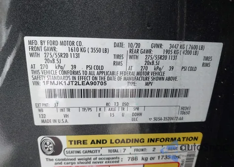 2020 Ford Expedition Xlt Max из США, поврежденный, VIN 1FMJK1JT2LEA90705